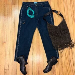 Jeanbay Plus Size 18W Dark Wash Ankle Crop Jeans Scroll Embroidery Side Seam Y2K